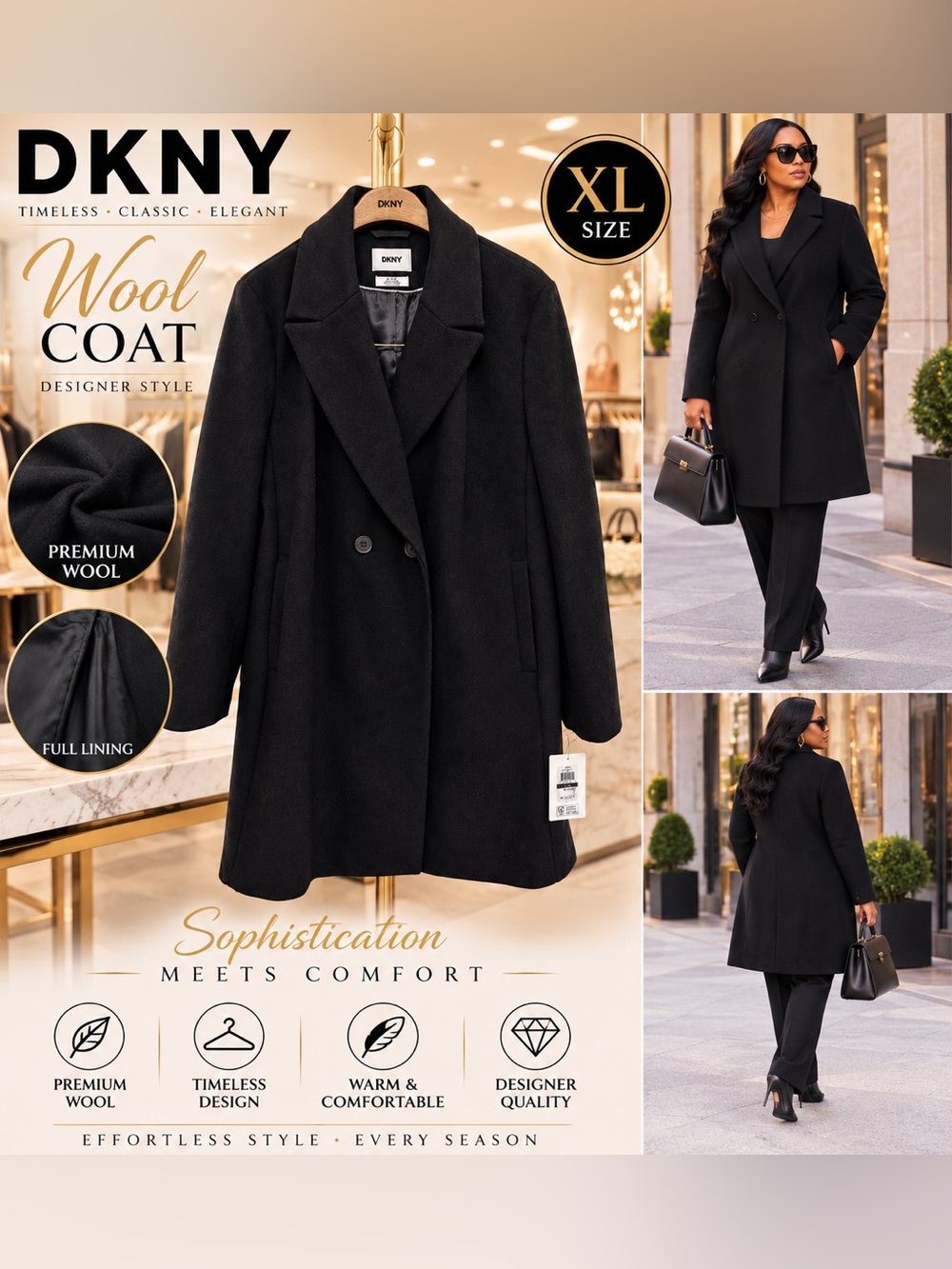 DKNY Black Wool Double-Breasted Pea Coat